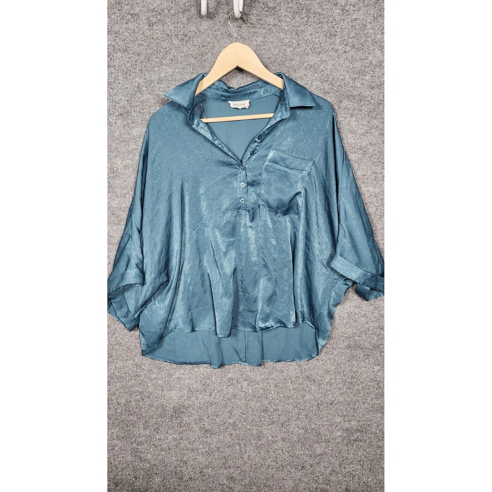 Andree By‎ Unit Shirt Womens Medium Large Blue Satin High Low Dolman Sleeve